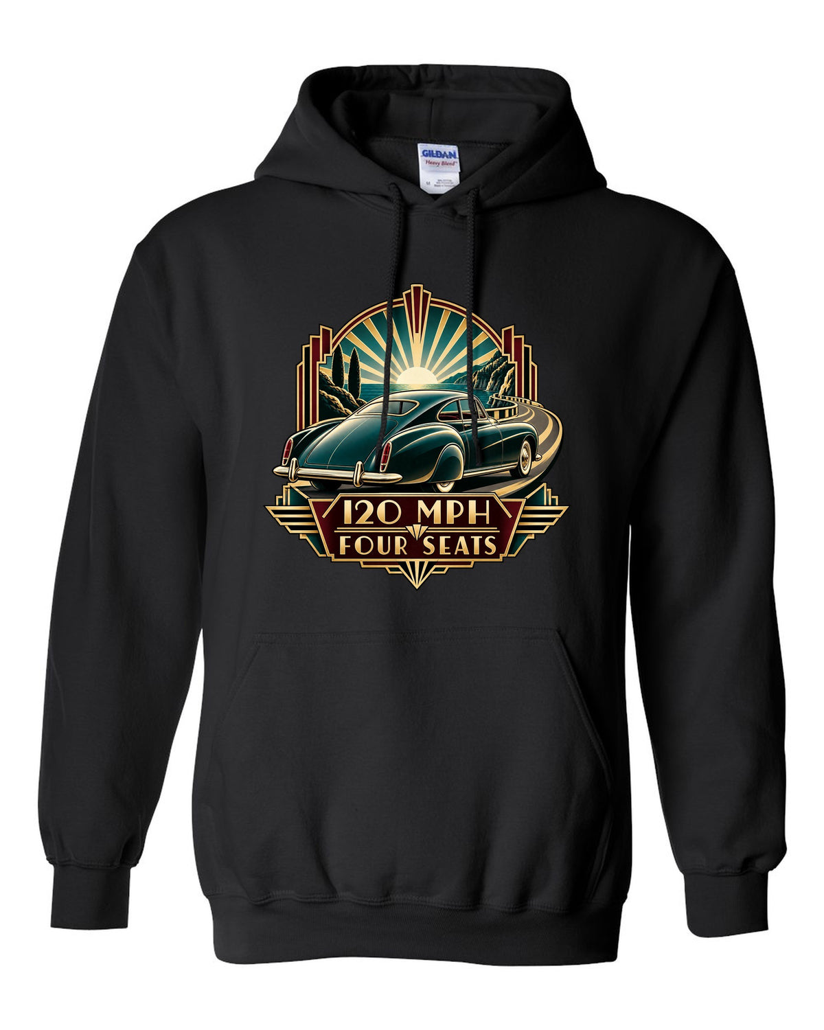 Synthwave outrun print of a 1982 Bentley Mulsanne Turbo with 120 mph and four seats lettering black pull over hoodie front view with the design