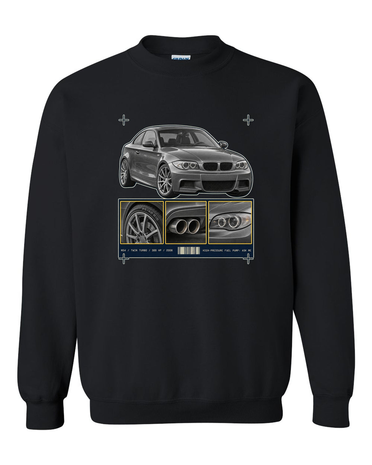 BMW 135i E82 coupe dossier panel print with N54 specs black crewneck front view with the design