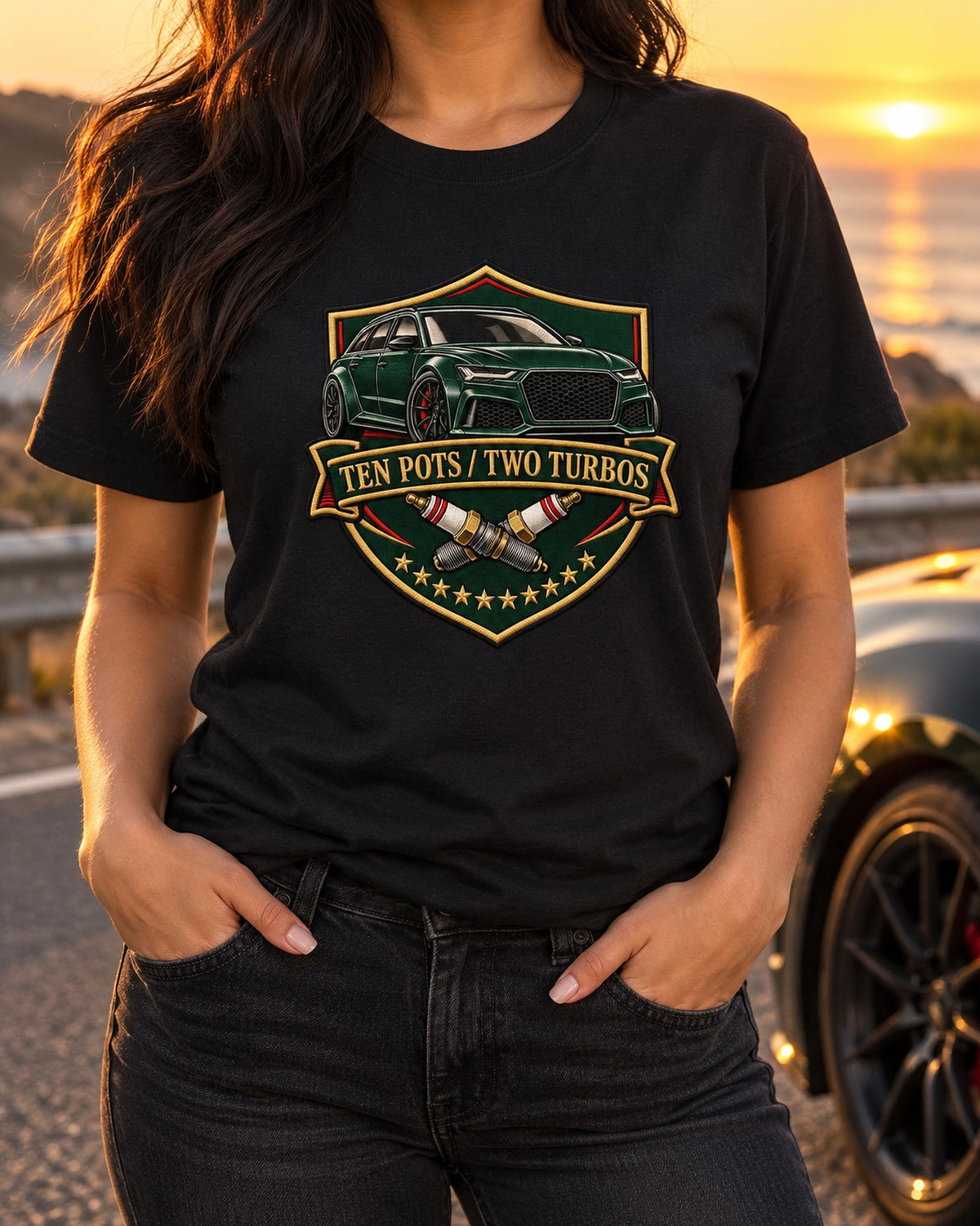 Audi RS6 Avant C6 4F Varsity Crest Shirt, Ten Pots Two Turbos T-Shirt Black worn hero