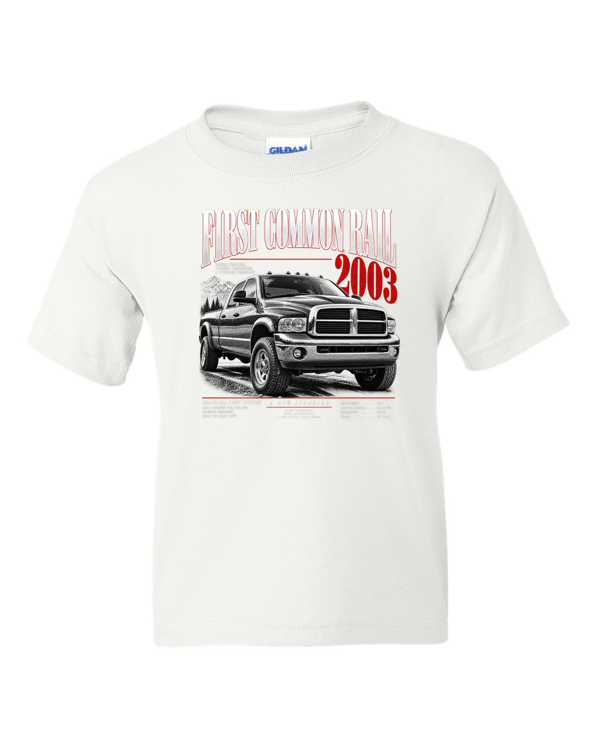 Editorial headline of a 2003-2009 Ram 2500 3rd gen with the text First Common Rail 2003 white kids tee front view with the design