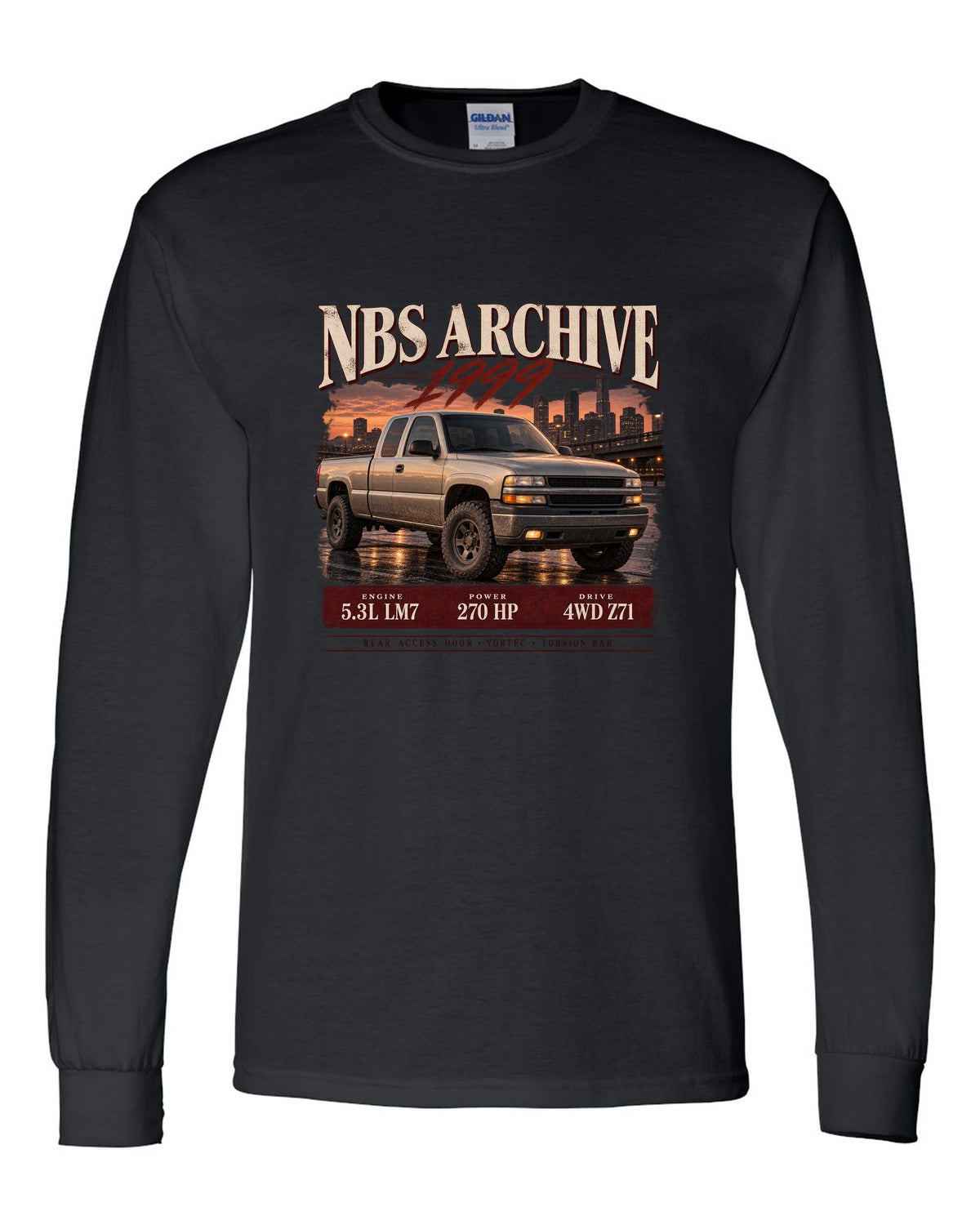 1999 Chevy Silverado NBS archive panel print black long sleeve front view with the design