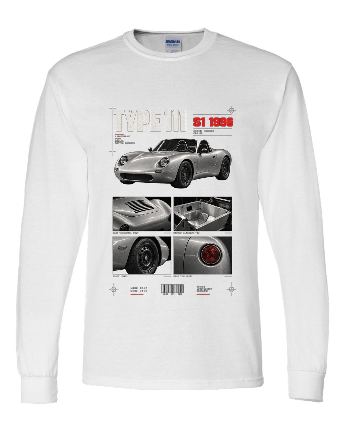 Dossier panel print of a 1996 Lotus Elise S1 Type 111 with bonded aluminium chassis white long sleeve front view with the design