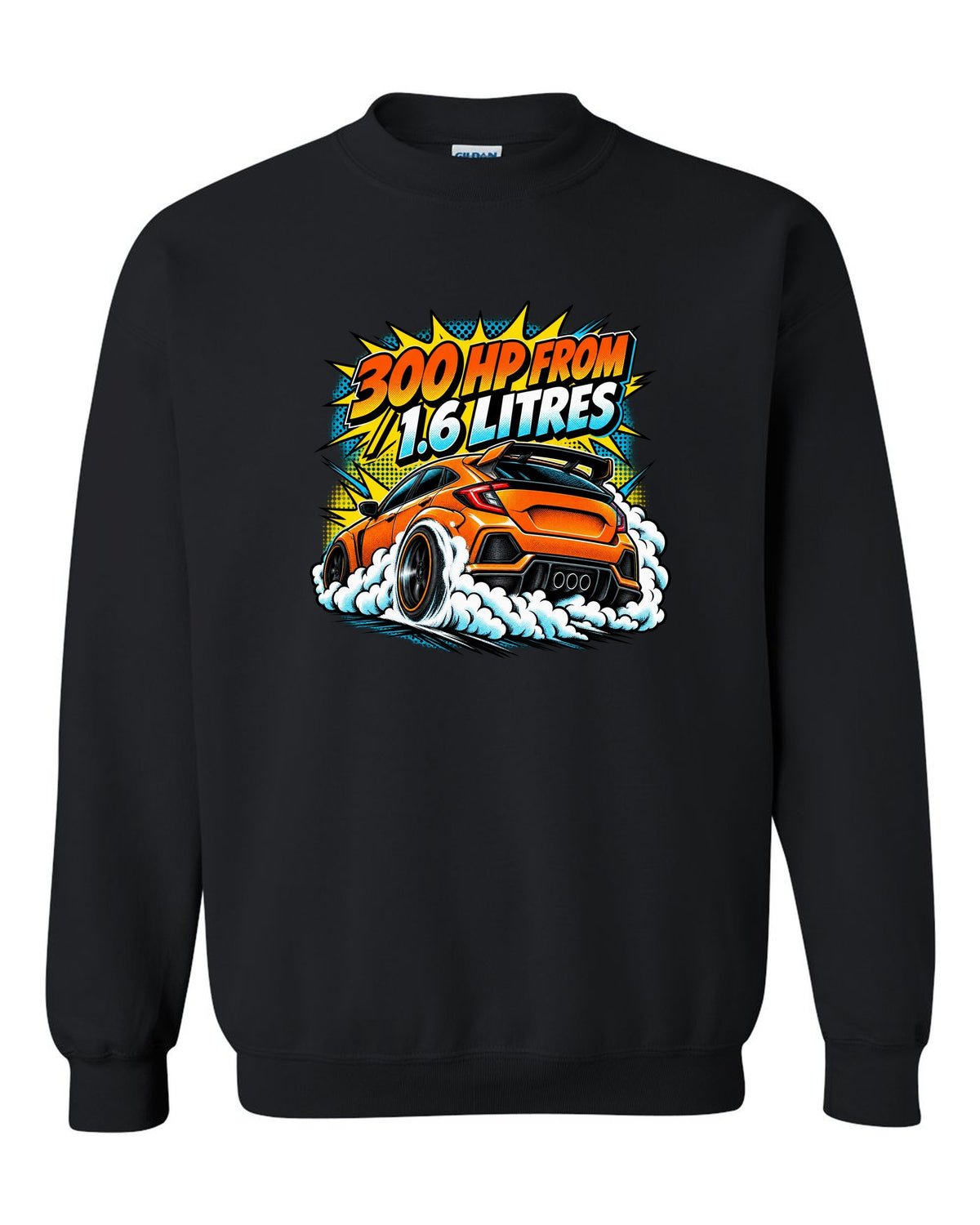 Comic halftone pop-art of a Toyota GR Corolla doing a burnout with 300 HP from 1.6 litres lettering black crewneck front view with the design