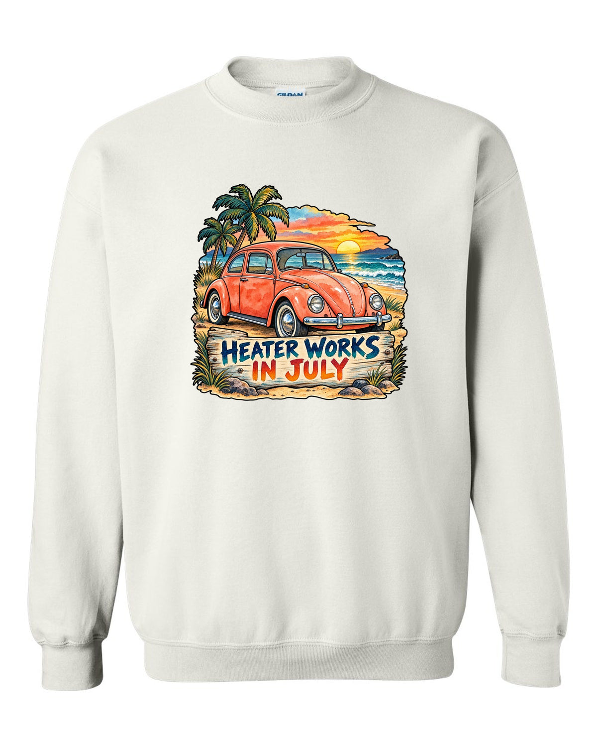 Watercolour sunset beach scene with a 1960s VW Beetle Type 1 and heater works in July text white crewneck front view with the design