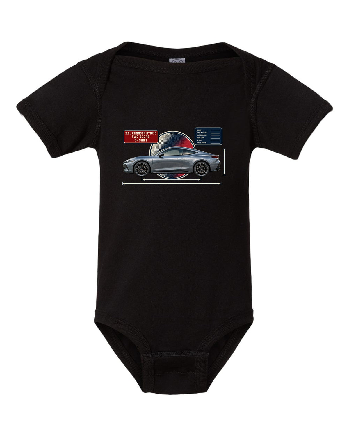 Honda Prelude 2026 sixth-gen dimension blueprint print black baby onesie front view with the design