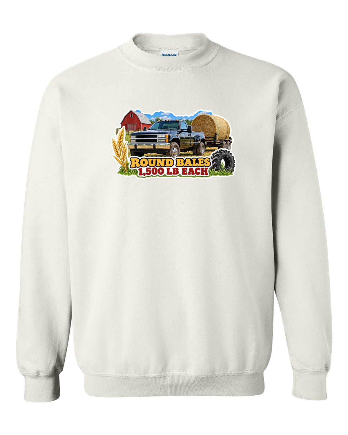 Sticker collage print of a 2010-2018 Ram 2500 6.7 hauling round bales with 1,500 lb each text white crewneck front view with the design