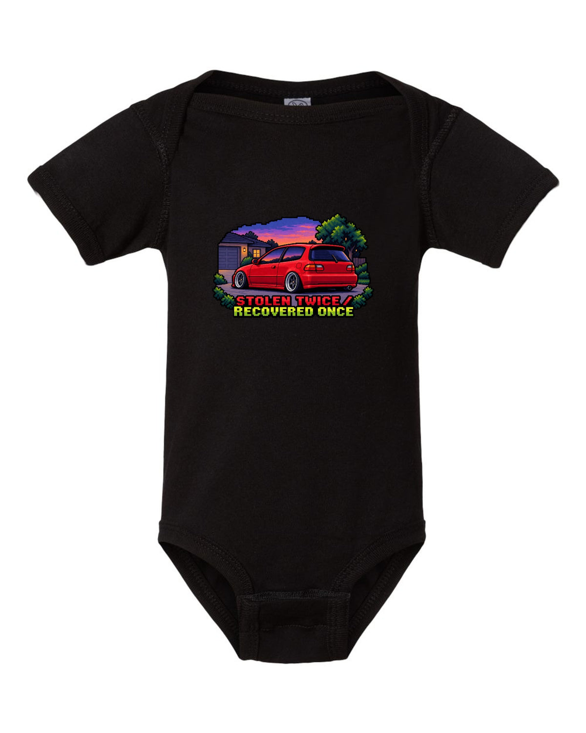 16-bit pixel art Honda Civic EG6 SiR print with stolen twice text black baby onesie front view with the design