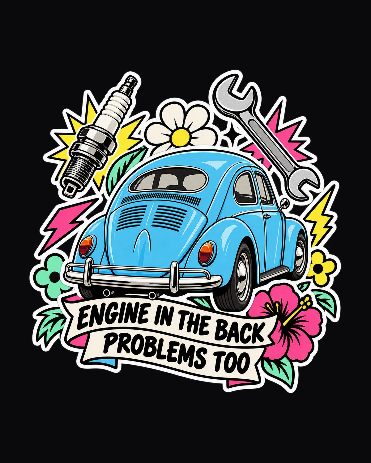 VW Beetle Type 1 Engine In The Back Sticker Collage Tee design only