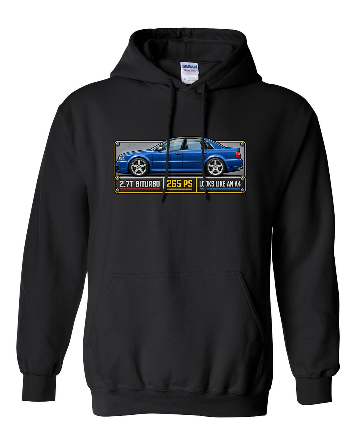 Spec plate print of an Audi S4 B5 sedan with 2.7T biturbo and 265 PS text black pull over hoodie front view with the design