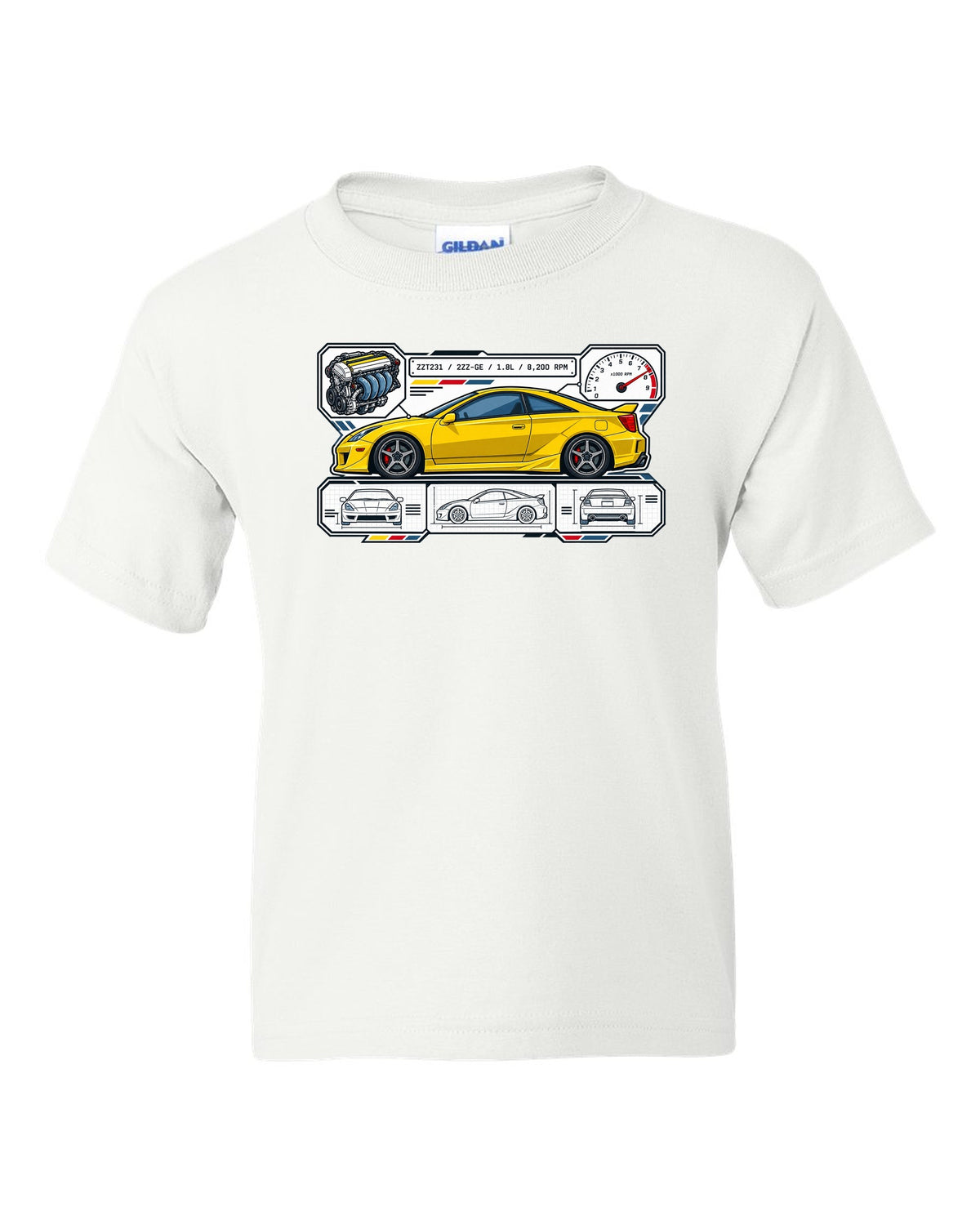 Spec sheet data plate for a Toyota Celica ZZT231 listing 2ZZ-GE, 1.8L and 8,200 RPM white kids tee front view with the design