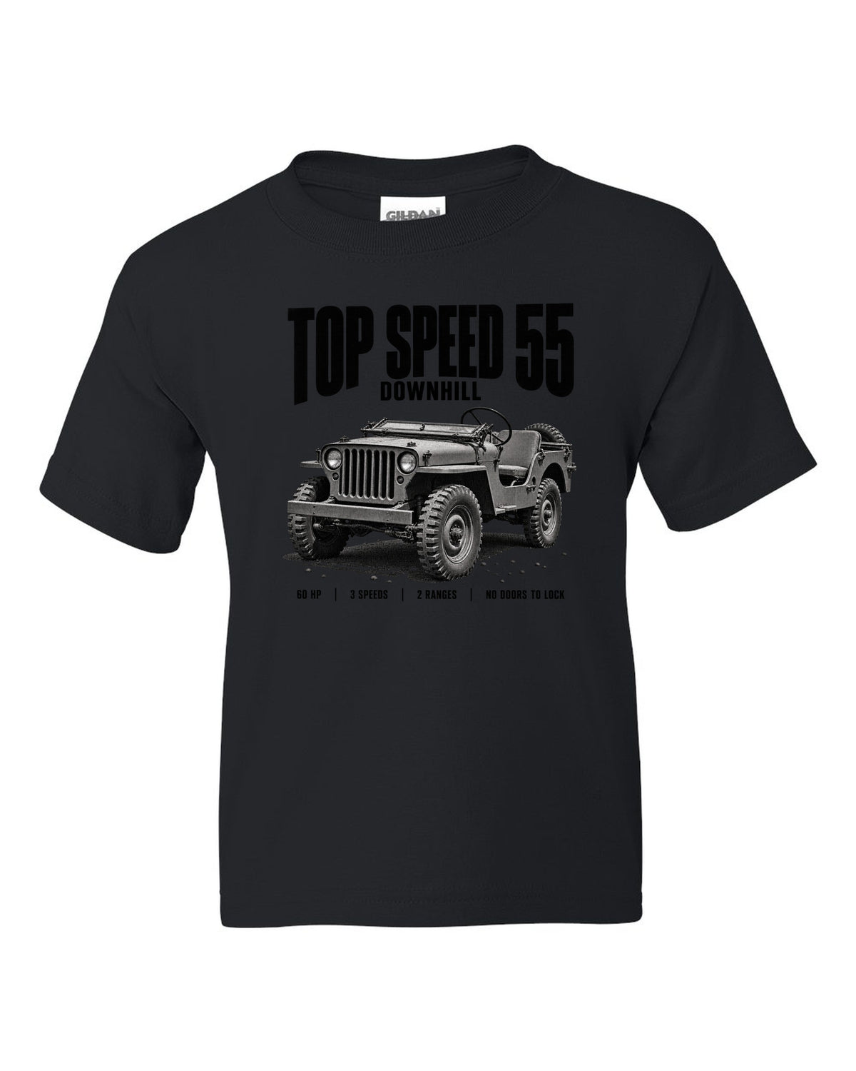Halftone print for the Willys MB, Top Speed 55 Downhill black kids tee front view with the design