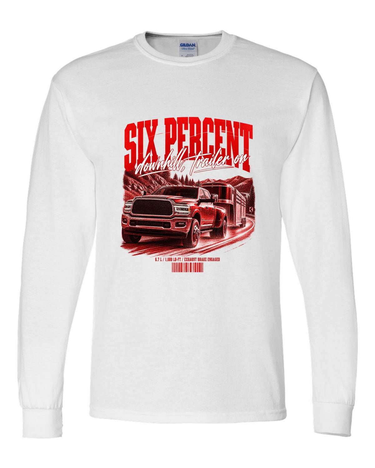 Street poster of a 2019-2024 Ram 3500 towing a trailer with the text Six percent, downhill, trailer on white long sleeve front view with the design