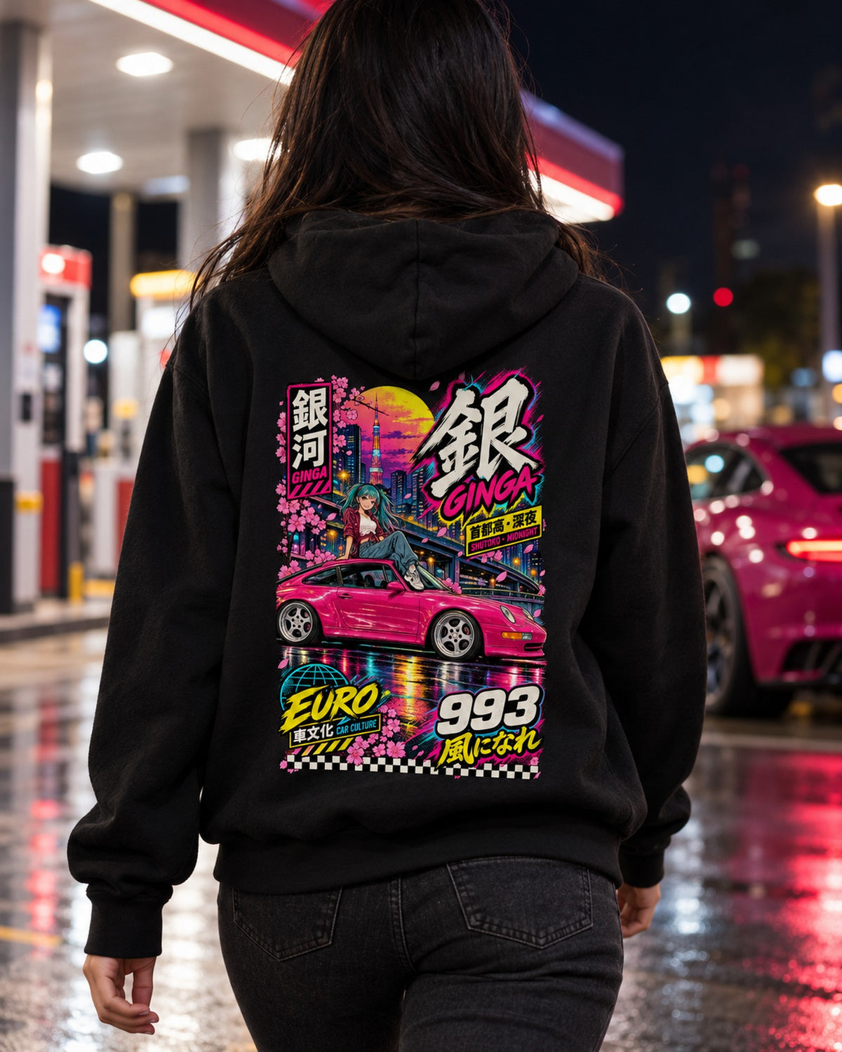 GINGA 993 Anime Girl Full-Back Graphic Tee Pull Over Hoodie Black worn hero