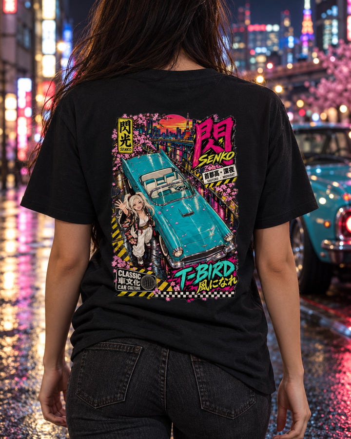 SENKO T-BIRD Anime Girl Full-Back Graphic Tee T-Shirt Black worn hero