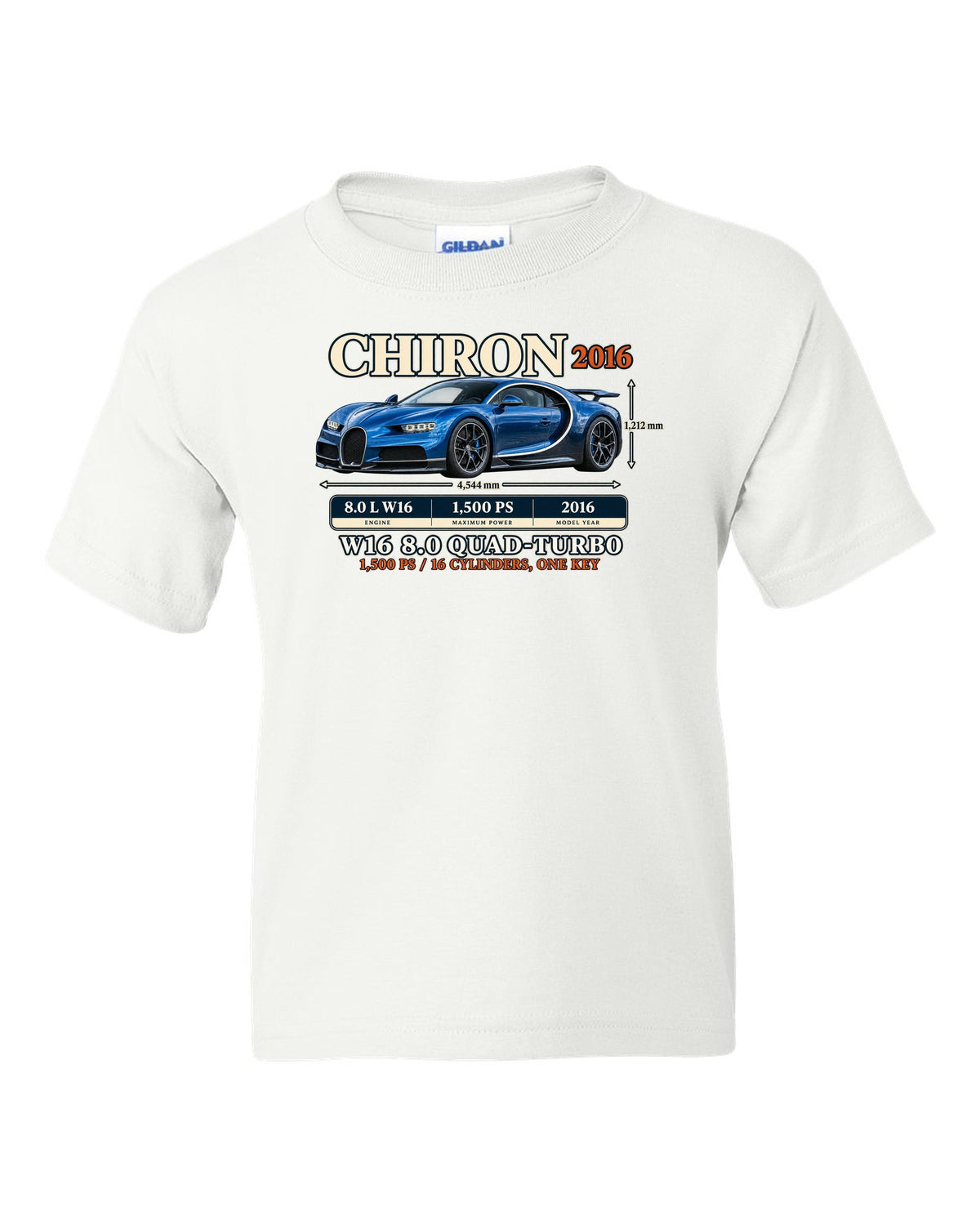 Archive panel print of a steel blue Bugatti Chiron with W16 spec text white kids tee front view with the design