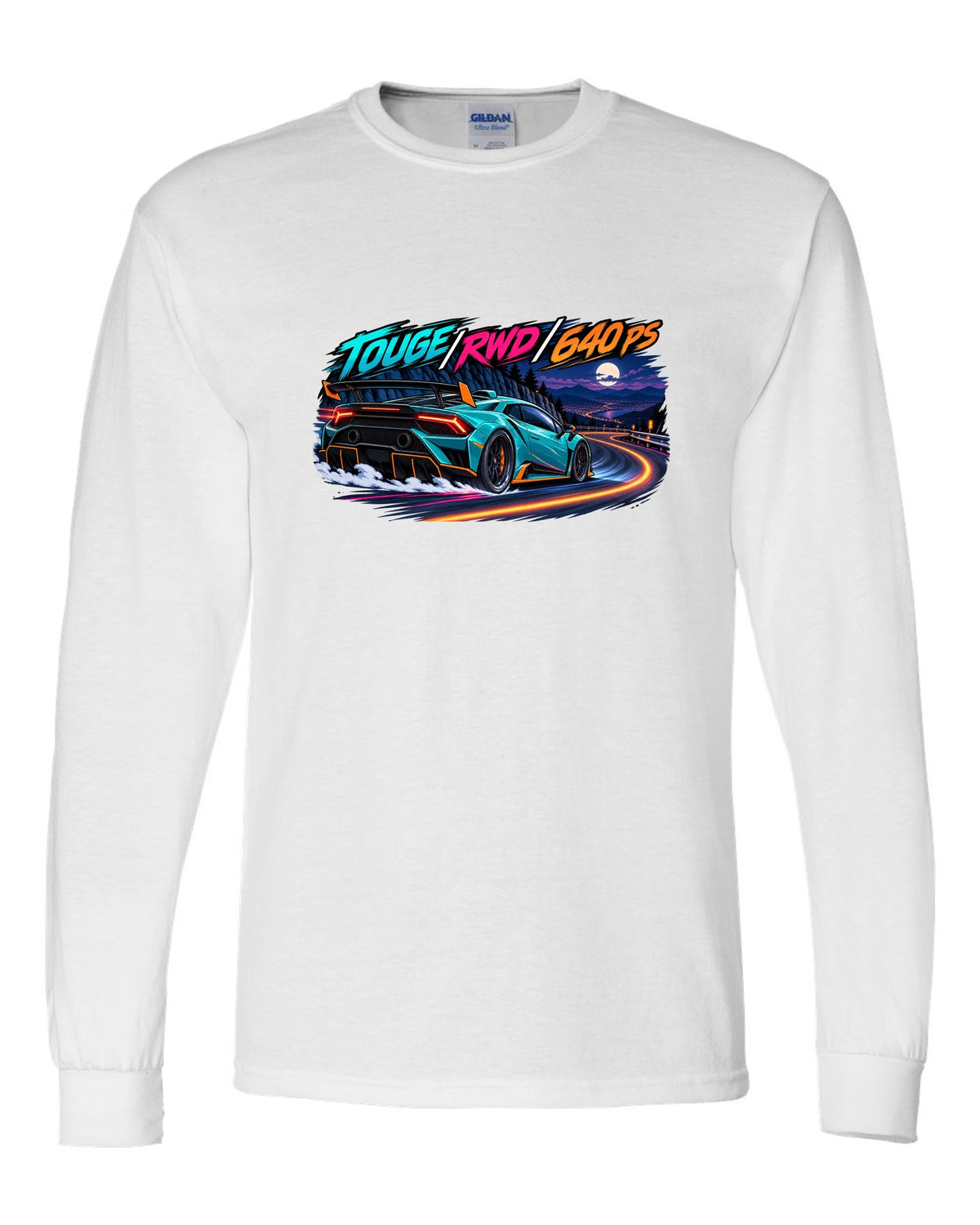 Cel-shaded anime night touge scene with a Lamborghini Huracan STO LP640-2 and text TOUGE / RWD / 640 PS white long sleeve front view with the design