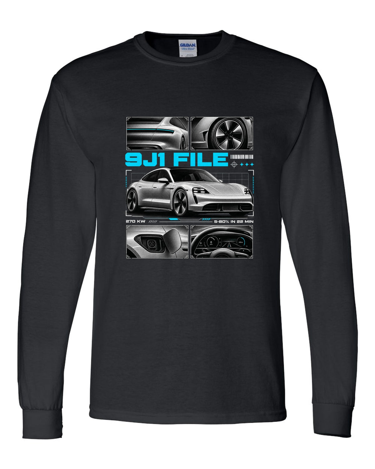 Porsche Taycan Turbo S 9J1 dossier panel design with charging figures black long sleeve front view with the design