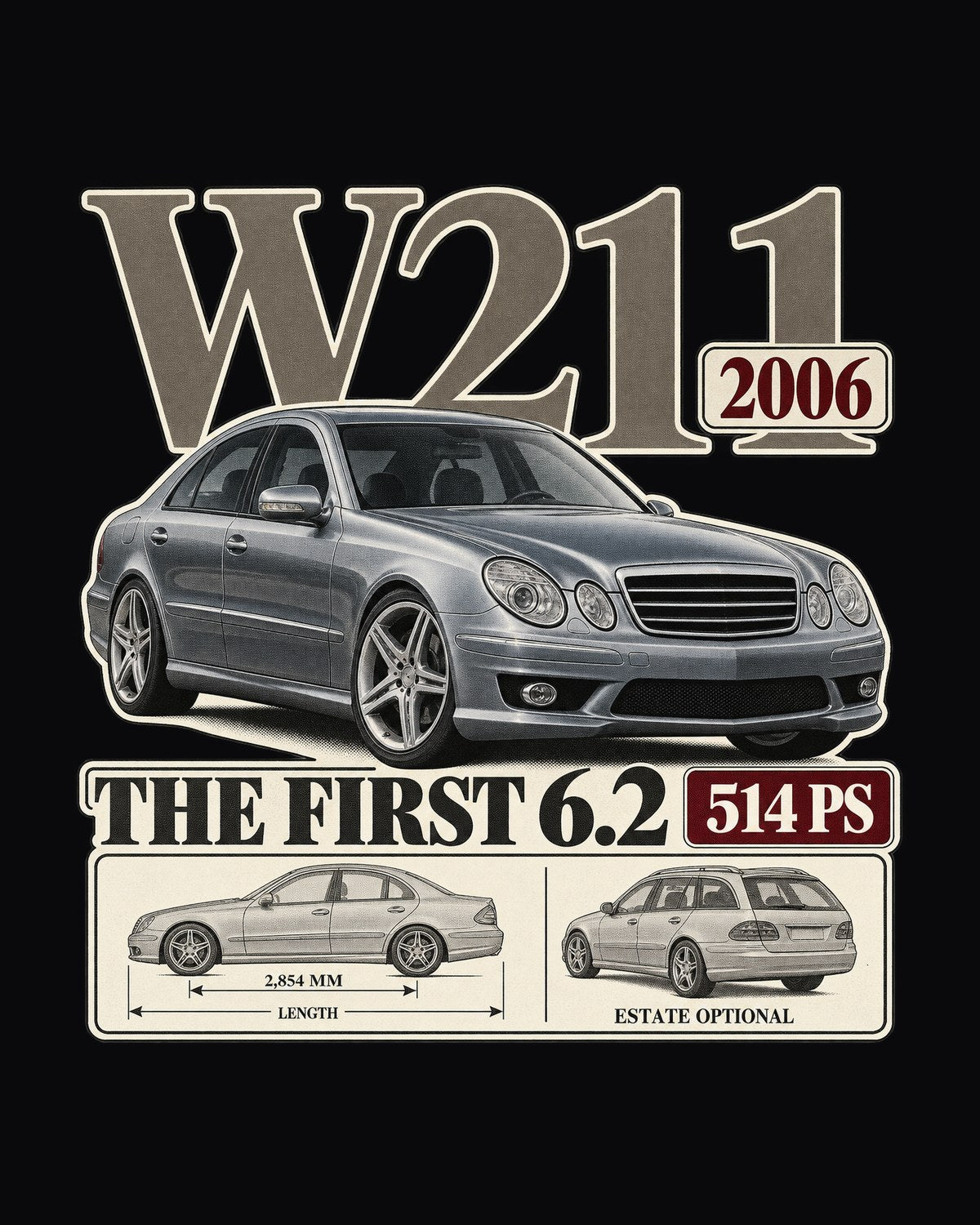 W211 Mercedes-AMG E63 Archive Panel Tee, First 6.2 Car Show Shirt design only
