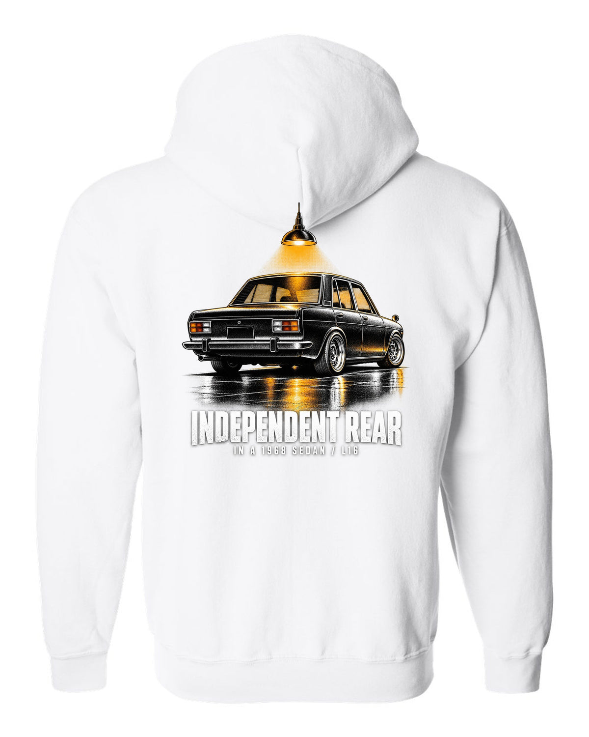 print of a 1968 Datsun 510 PL510 sedan from the rear three-quarter in a night garage white zip hoodie back view with the design