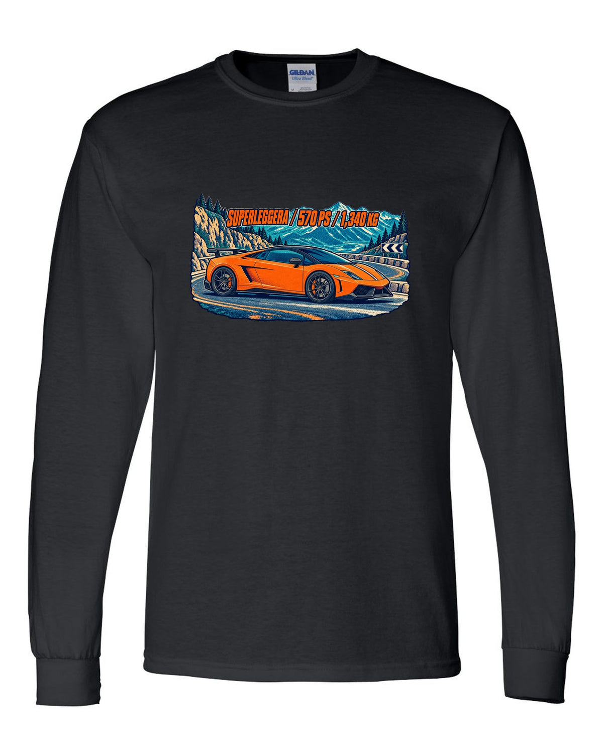 Three-colour risograph design of a Lamborghini Gallardo LP570-4 Superleggera on a mountain pass black long sleeve front view with the design