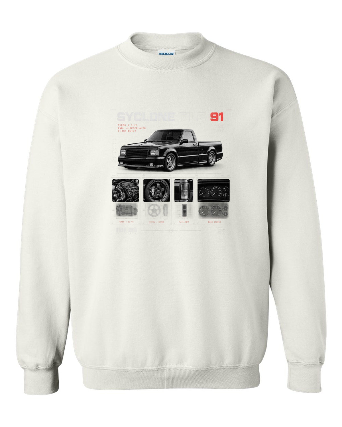 Dossier panel print of a 1991 GMC Syclone with turbo 4.3 V6 and 2,995 built text white crewneck front view with the design