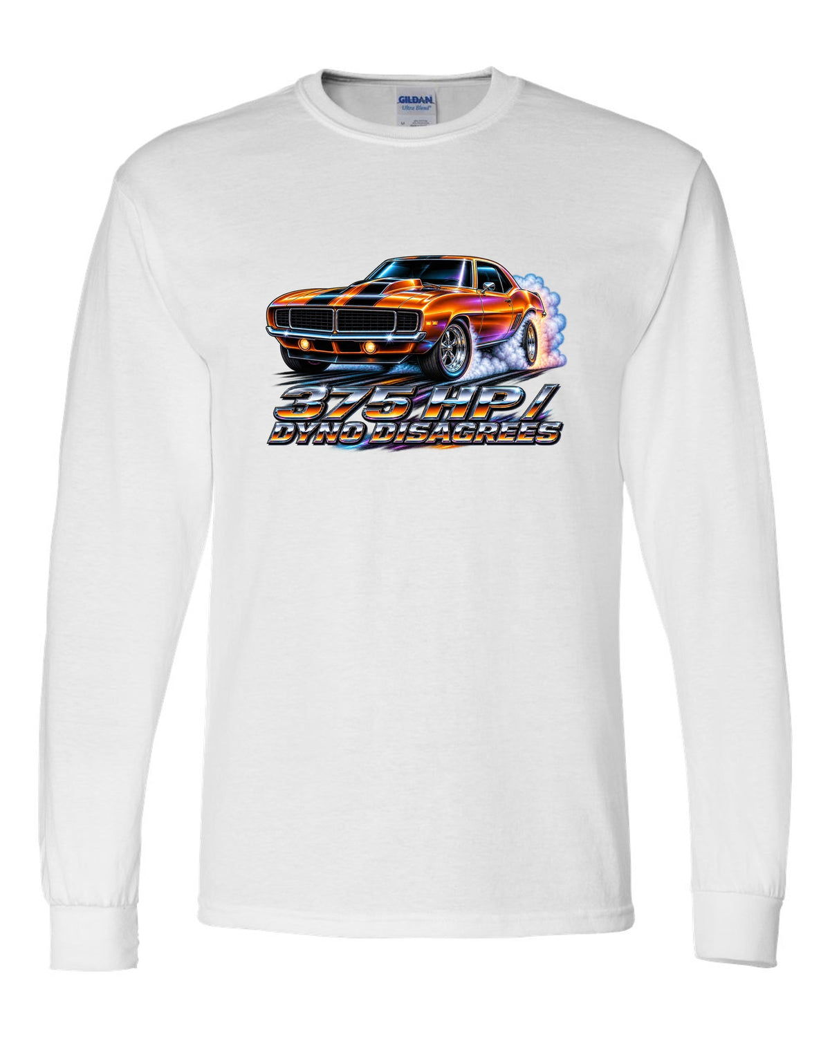 1969 Camaro SS 396 doing a burnout in 80s airbrush chrome style with text 375 HP Dyno Disagrees white long sleeve front view with the design