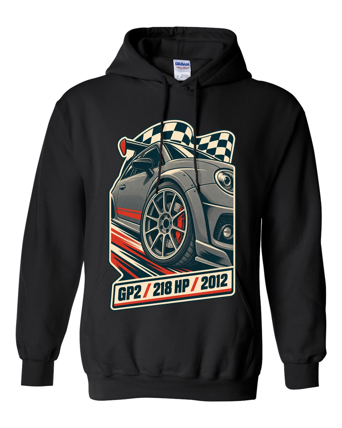 Vintage race poster of the Mini Cooper GP2 R56 with 218 HP and 2012 text black pull over hoodie front view with the design