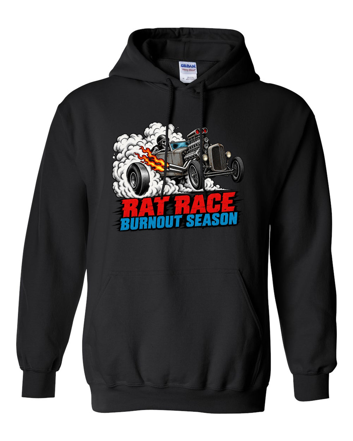 Halftone screenprint print of a primer-grey rat rod roadster in tyre smoke with Burnout Season lettering black pull over hoodie front view with the design