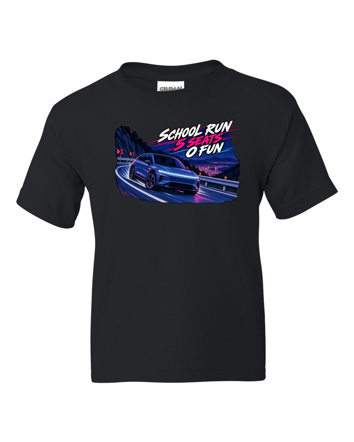 Cel-shaded 90s anime night touge print of a Tesla Model Y Juniper reading School Run 5 Seats 0 Fun black kids tee front view with the design