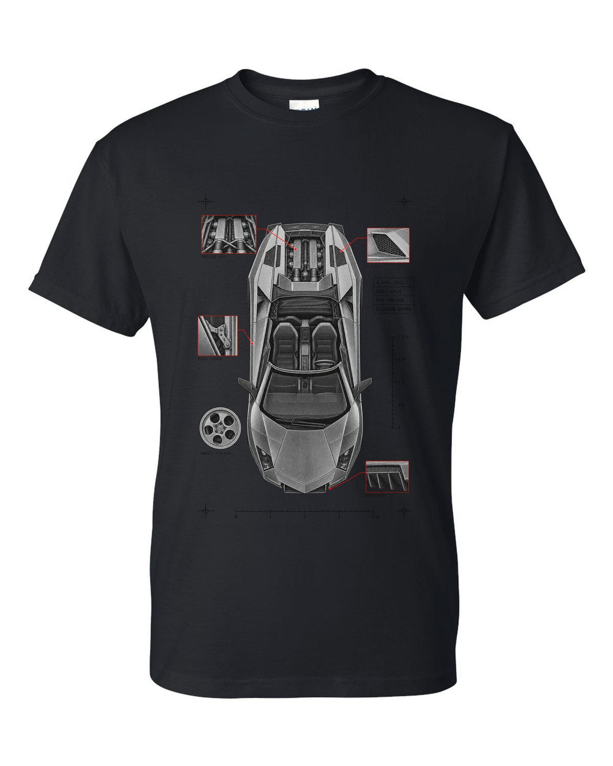 Spec poster print of a Lamborghini Murcielago LP640 Roadster with 4,099 built and scissor doors black t-shirt front view with the design