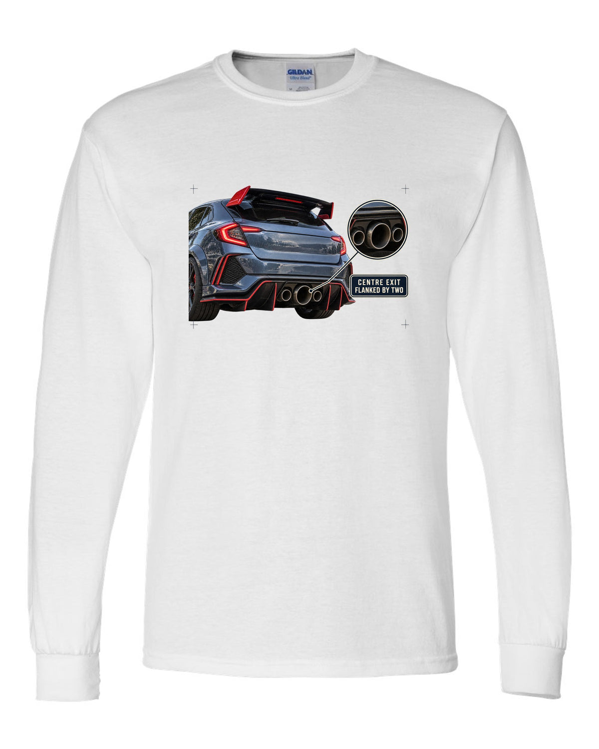 print rear close-up of a Honda Civic Type R FK8 with triple exhaust outlets white long sleeve front view with the design