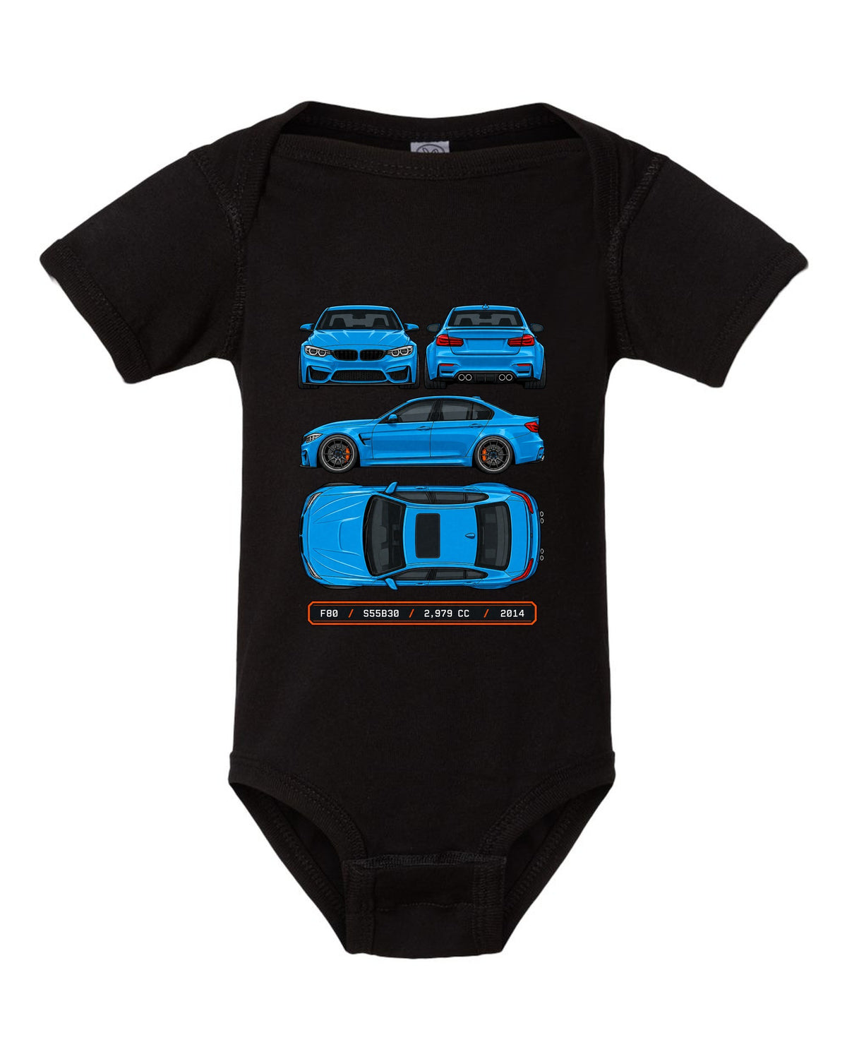 Spec plate style print of a BMW F80 M3 sedan with F80 S55B30 2,979 cc 2014 text black baby onesie front view with the design