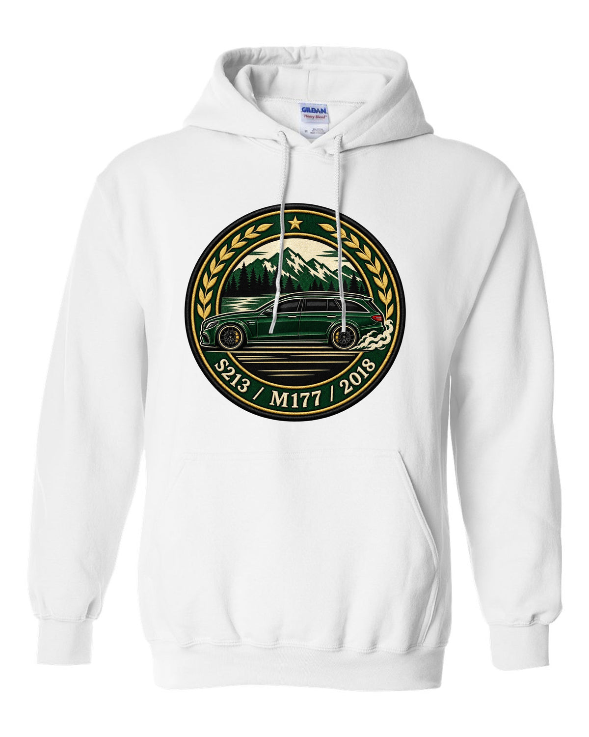 Embroidery-style varsity crest of a Mercedes E63 AMG Wagon S213 with M177 white pull over hoodie front view with the design