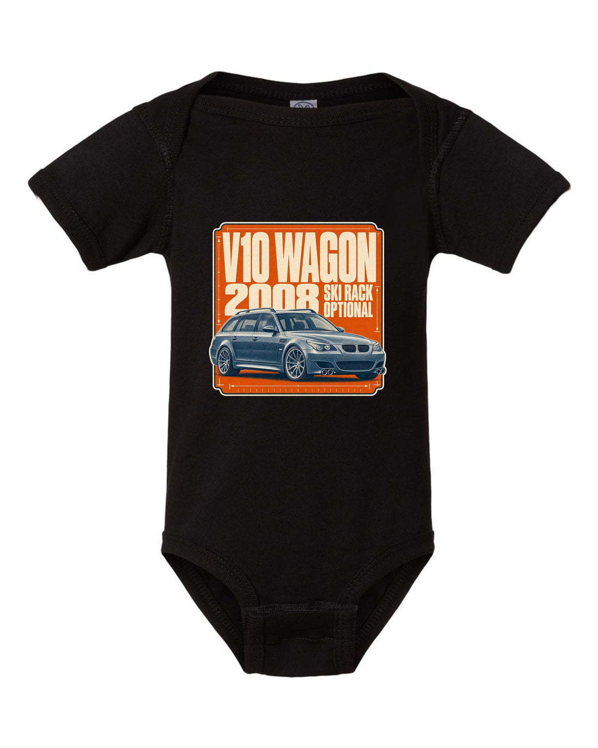 BMW M5 E61 Touring wagon halftone print black baby onesie front view with the design
