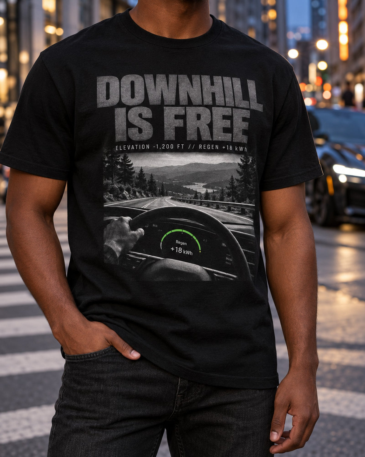 R1T Downhill Readout Shirt, Rivian 2022 Regen Gauge Tee T-Shirt Black worn hero