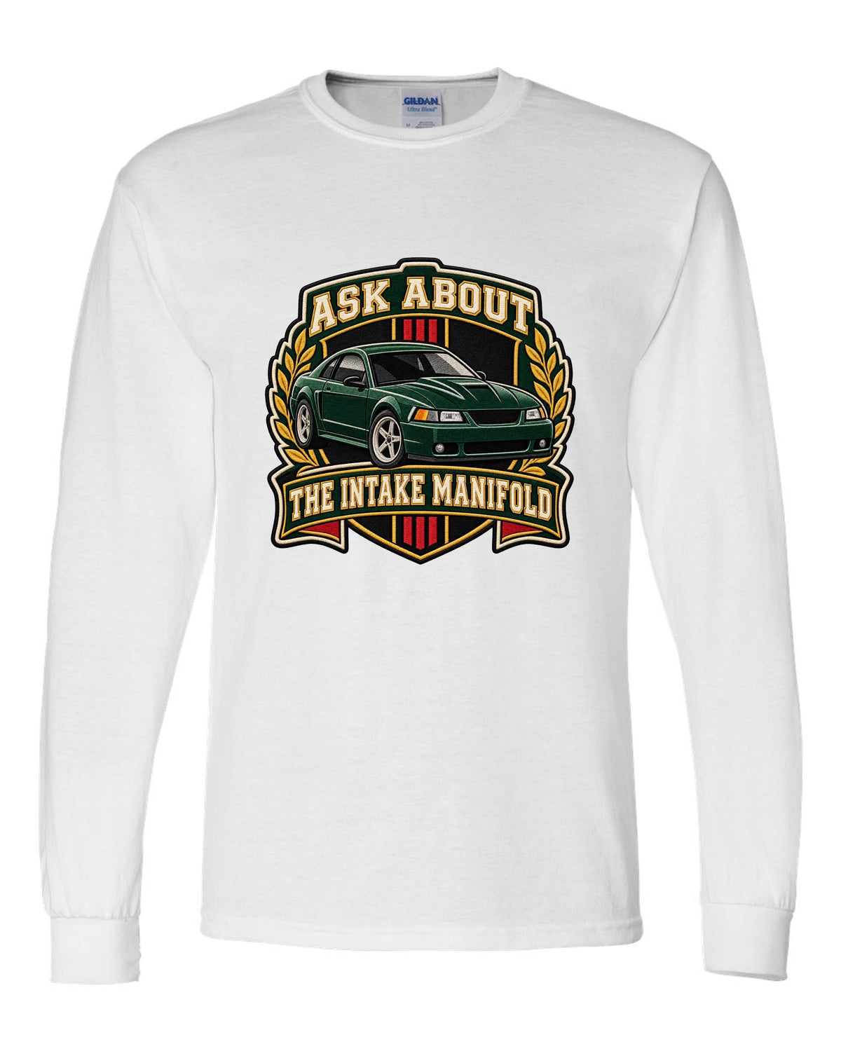 Varsity crest of a Ford Mustang New Edge coupe with intake manifold text white long sleeve front view with the design