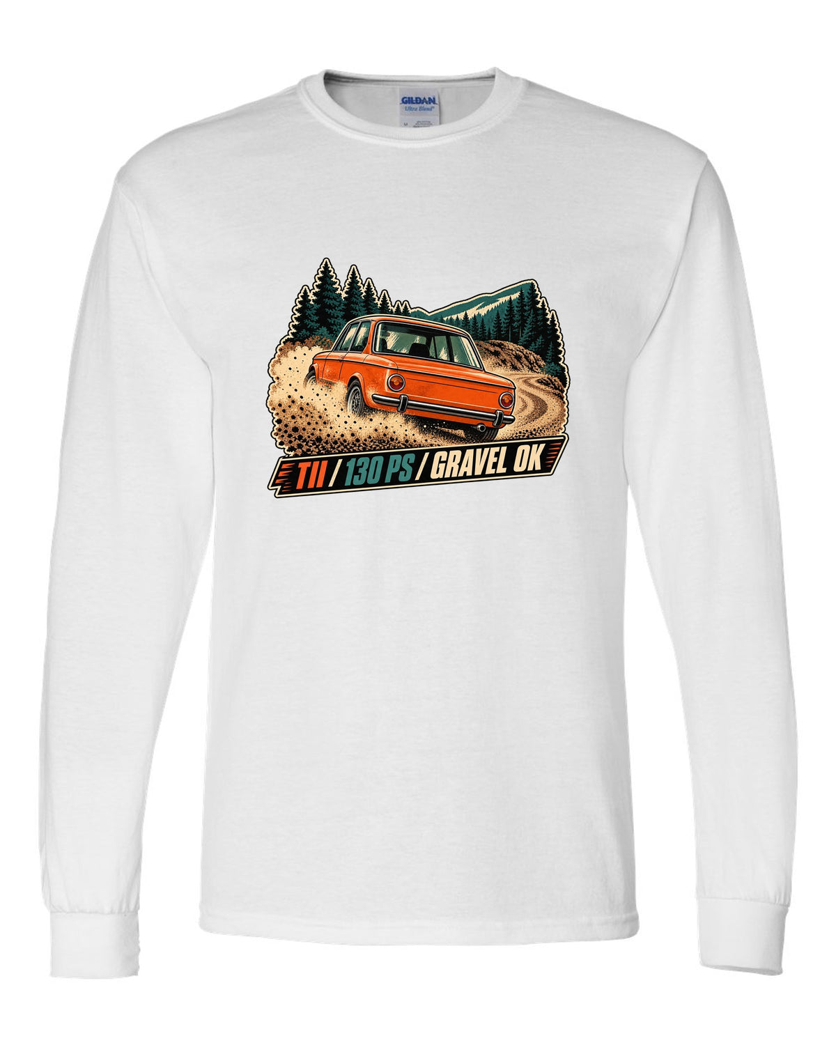 BMW 2002 tii vintage hillclimb race poster print with 130 PS text white long sleeve front view with the design