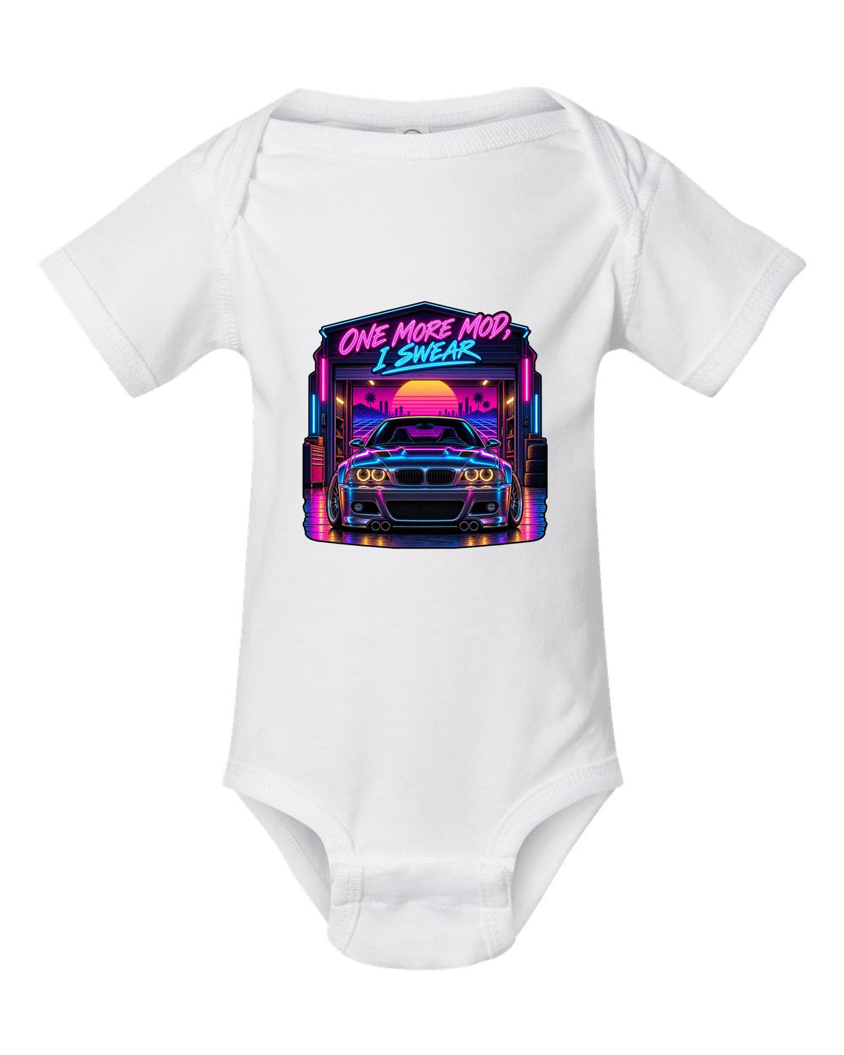 Synthwave outrun print of a BMW E46 M3 coupe with one more mod I swear text white baby onesie front view with the design