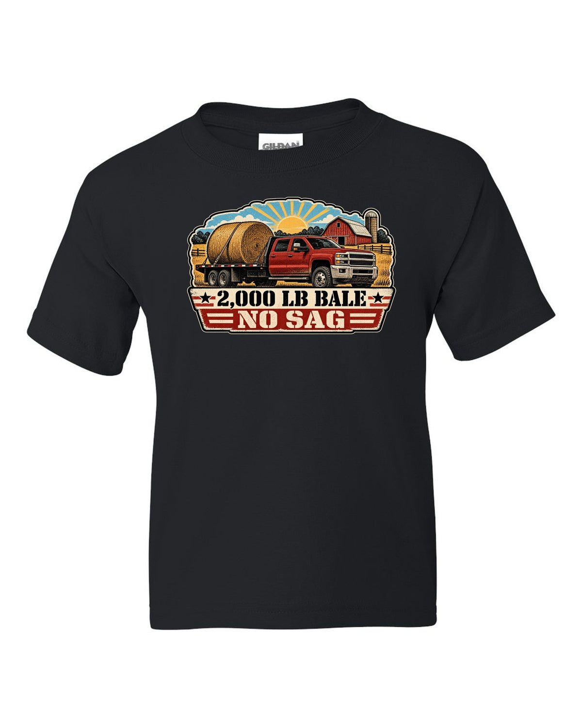 Distressed screen-print print of a 2010-2018 Ram 3500 6.7 Cummins hauling a round bale black kids tee front view with the design