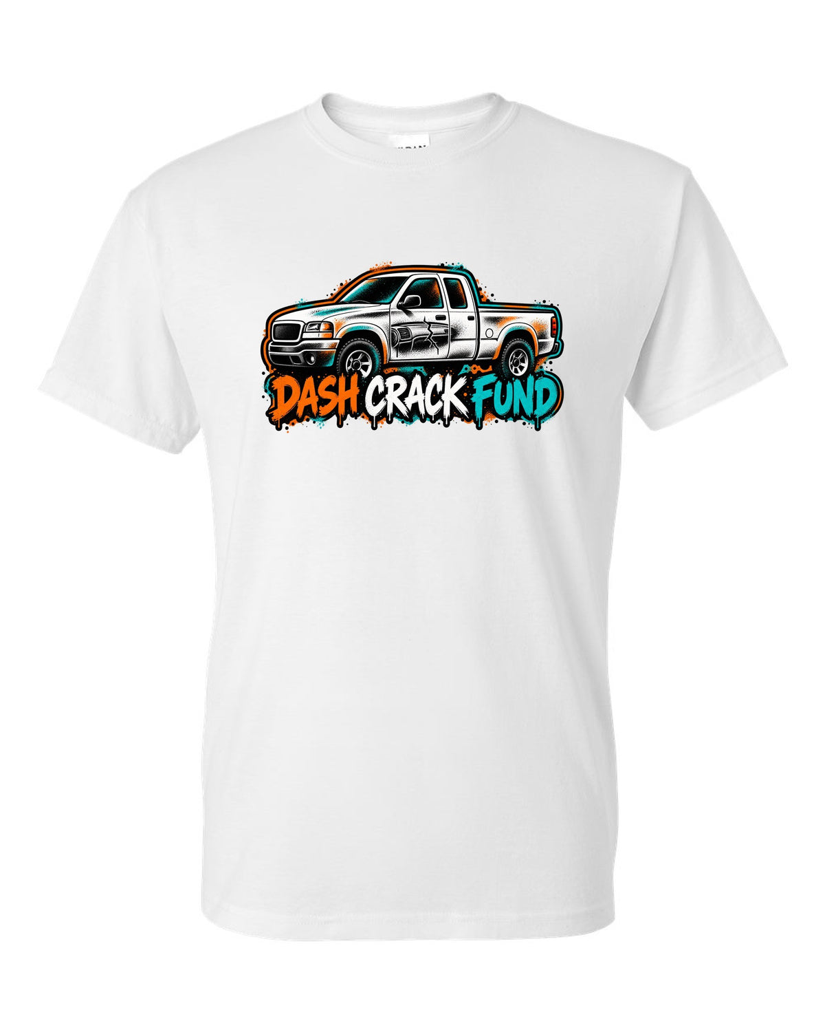 NBS Silverado GMT800 Spray Stencil Tee, Dash Crack Fund white t-shirt front view with the design