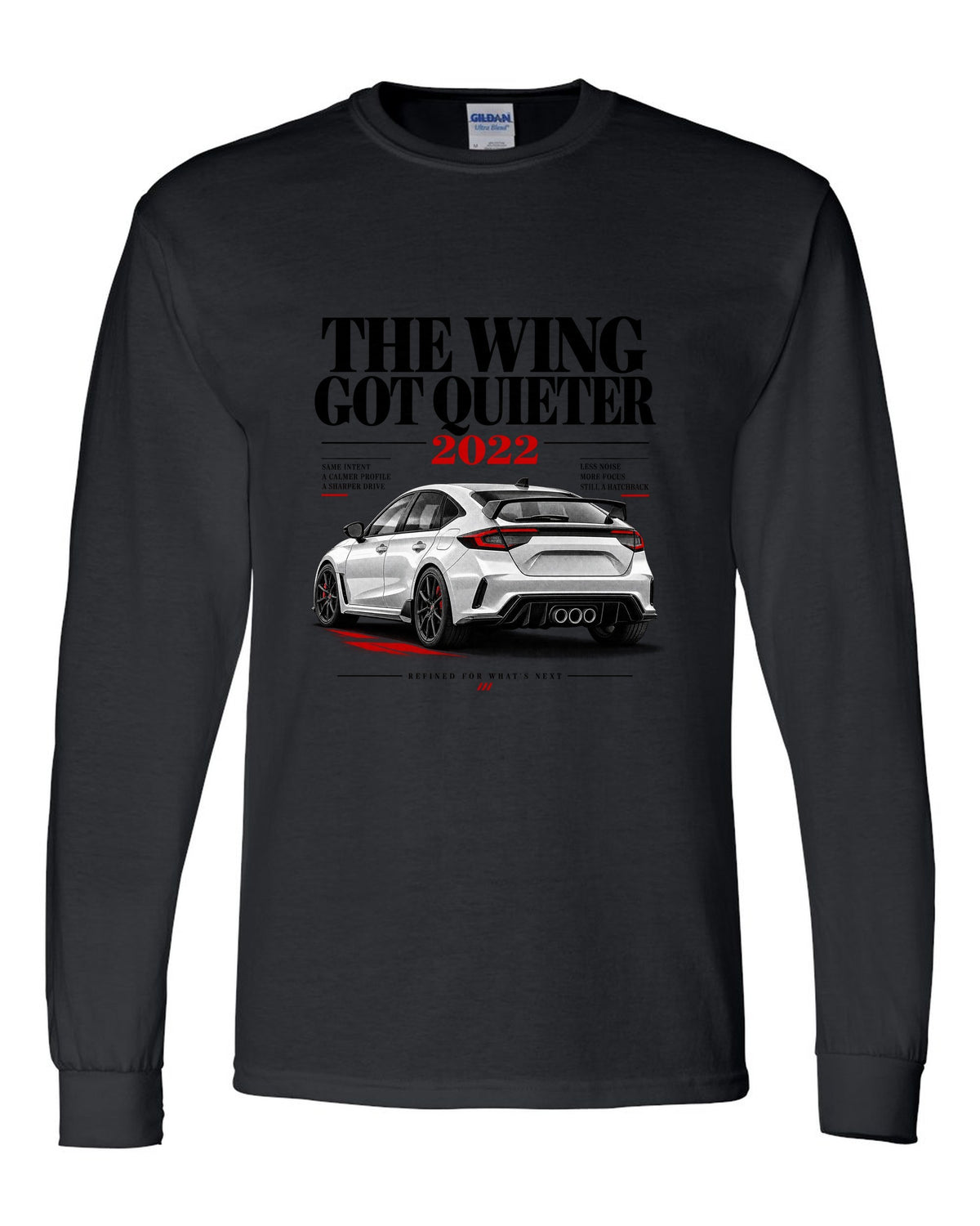 Honda Civic FL5 chback editorial headline design about the quieter rear wing black long sleeve front view with the design