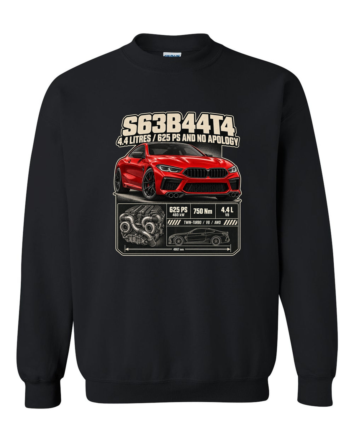 BMW M8 Competition Coupe F92 spec poster print on a tee black crewneck front view with the design