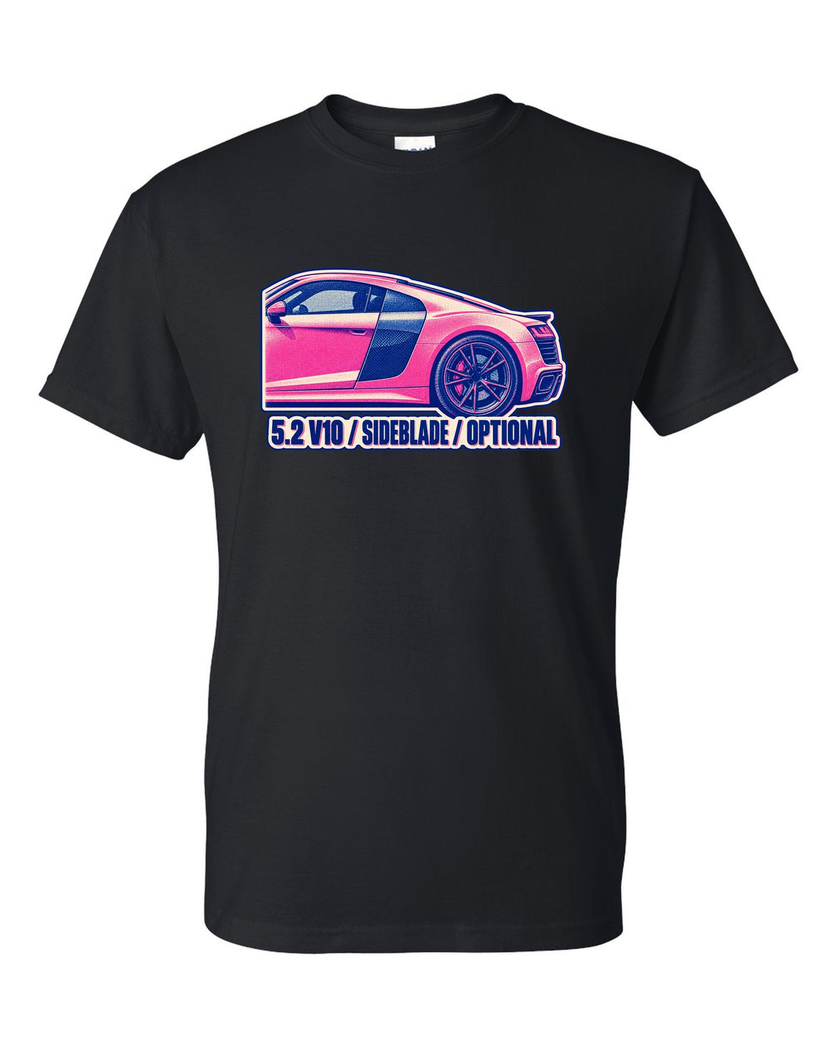 Risograph two-ink print of an Audi R8 4S with 5.2 V10 and Sideblade text black t-shirt front view with the design