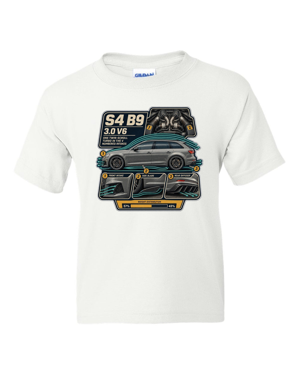 Audi S4 Avant B9 airflow cutaway with numbered intake callouts print white kids tee front view with the design
