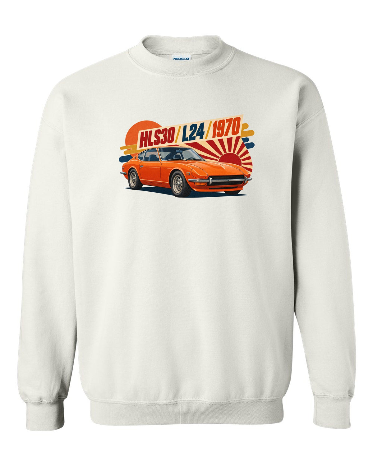 Retro Japanese showa catalogue ad of a 1970 Datsun 240Z HLS30 with L24 lettering white crewneck front view with the design