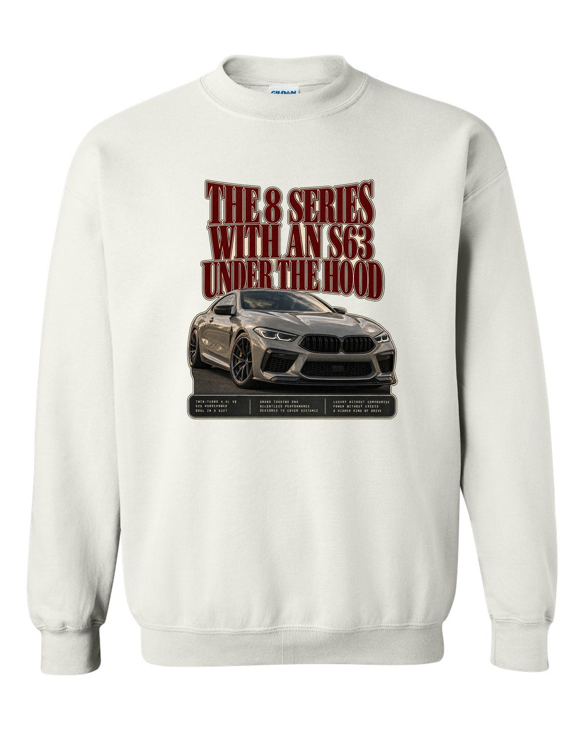 BMW M8 Competition Coupe F92 editorial headline print on a tee white crewneck front view with the design