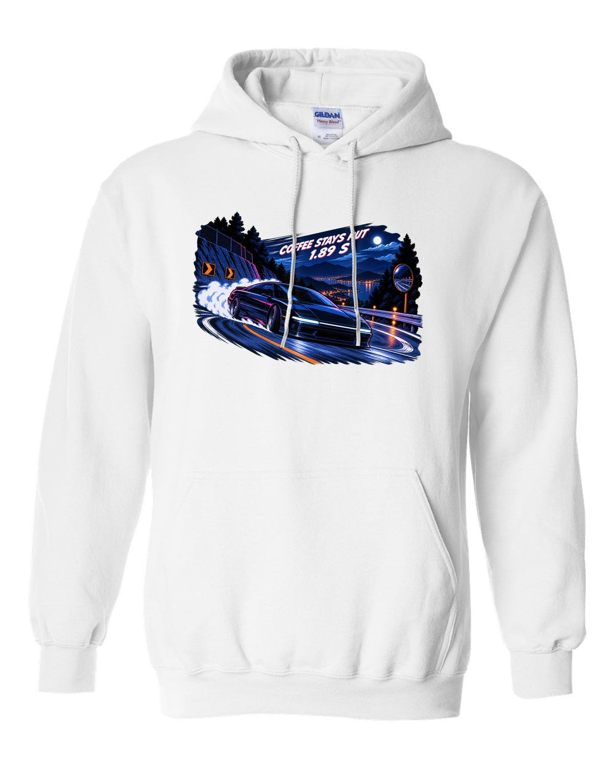 Lucid Air Sapphire cel-shaded 90s anime night touge print with the text coffee stays put 1.89 s white pull over hoodie front view with the design