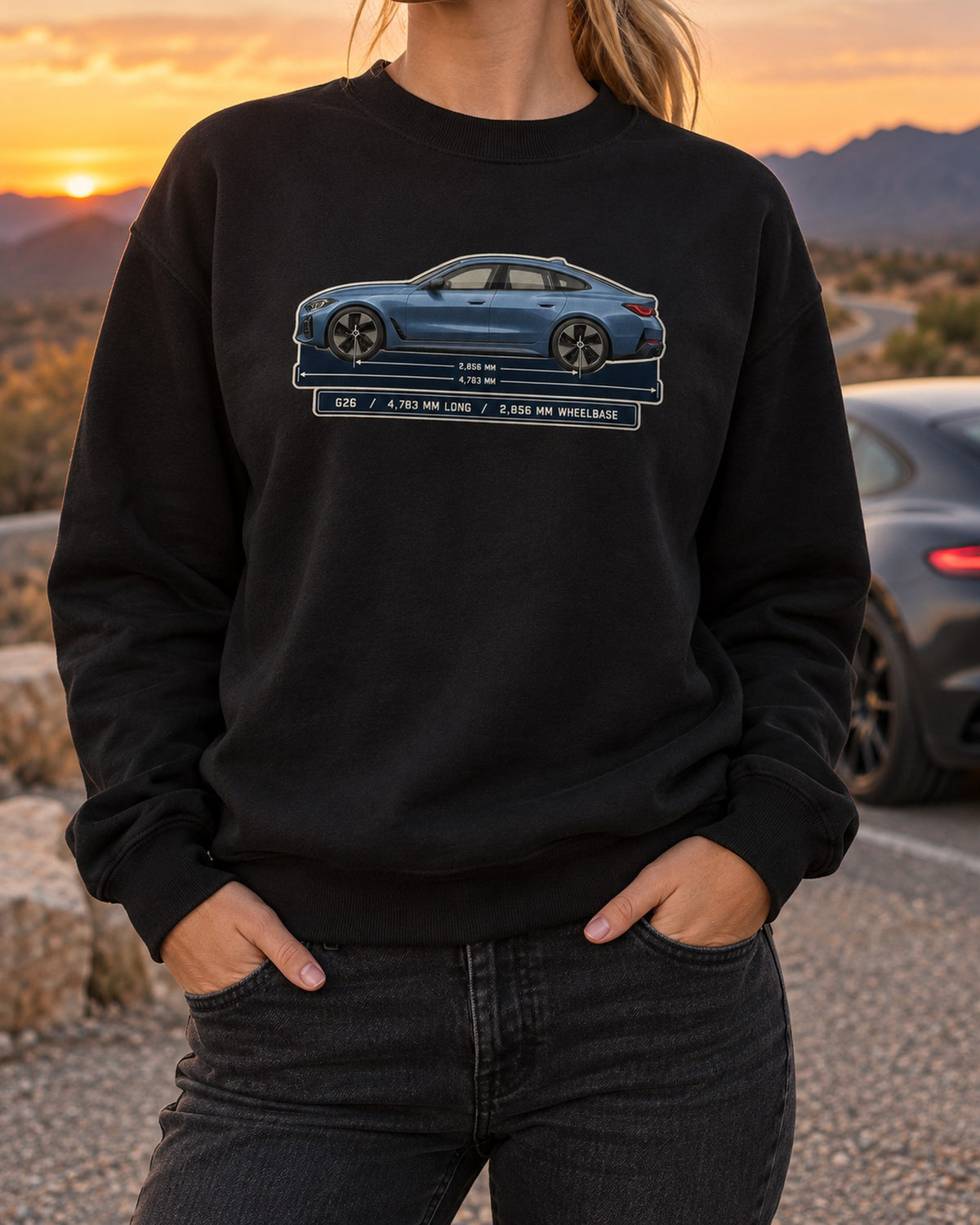 BMW i4 M50 G26 Gran Coupe Dimension Blueprint Shirt Crewneck Black worn hero