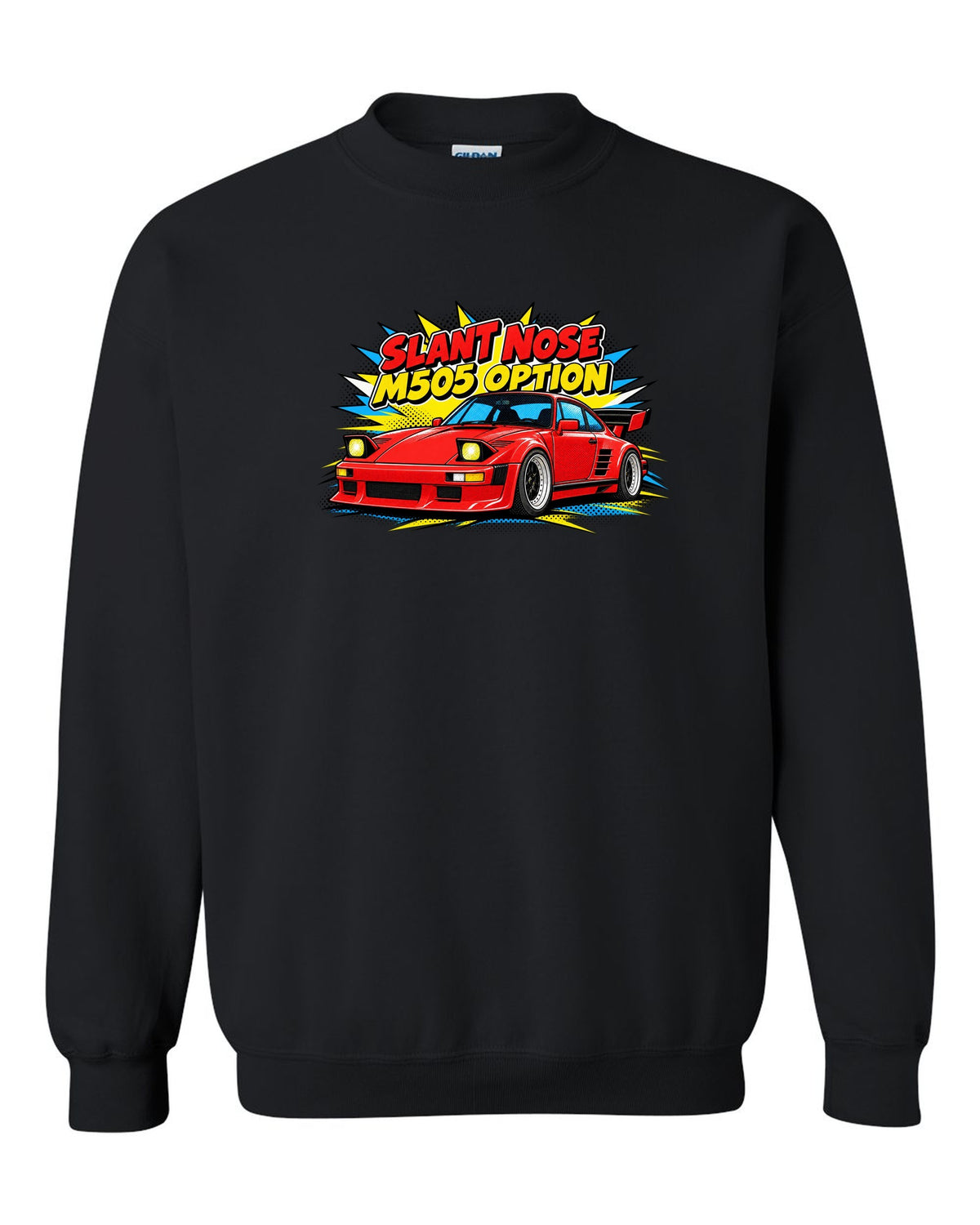 Porsche 930 Slant Nose pop-art halftone design with M505 option lettering black crewneck front view with the design