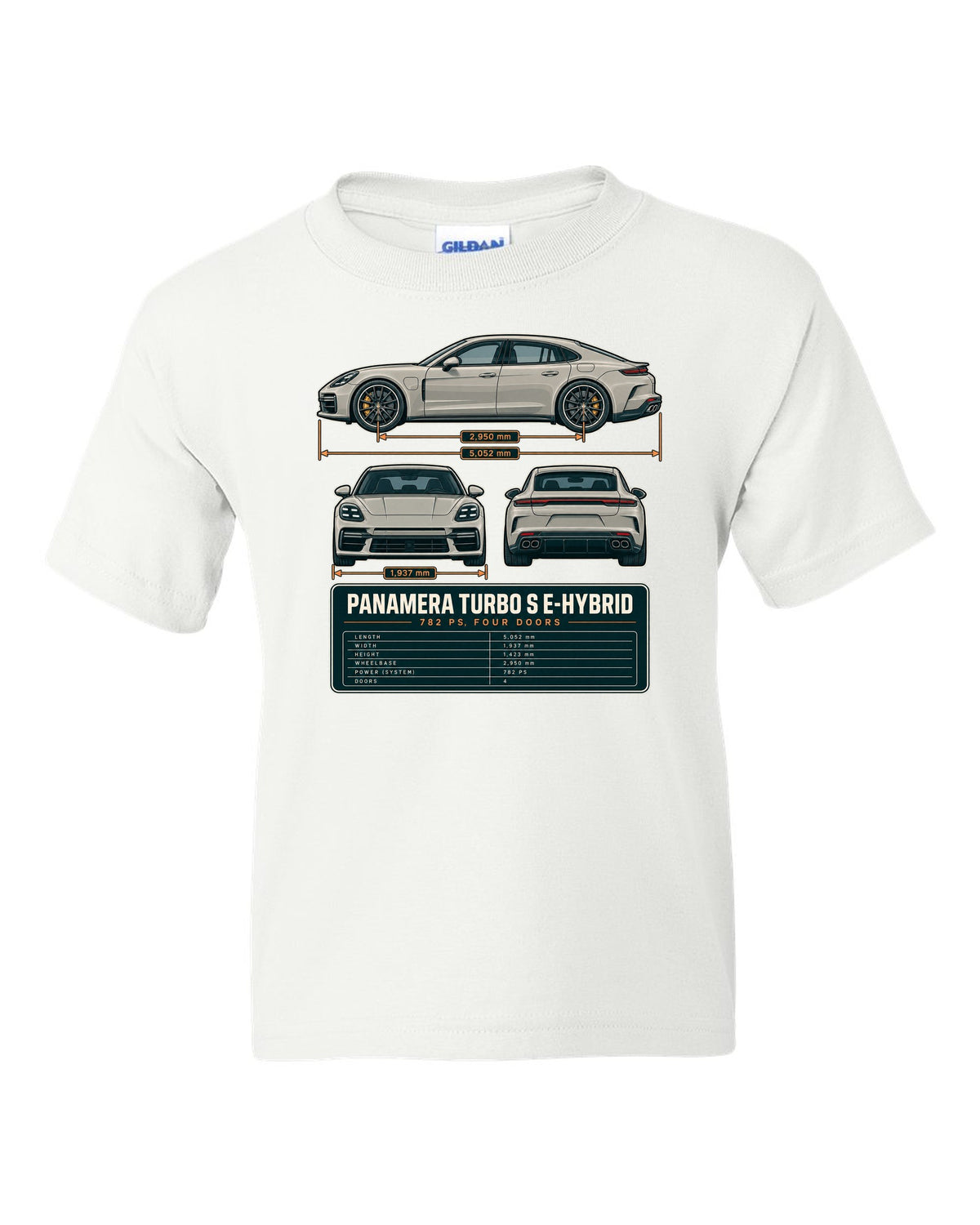 Three-view print of a Porsche Panamera Turbo S E-Hybrid G3 with 782 PS spec table white kids tee front view with the design